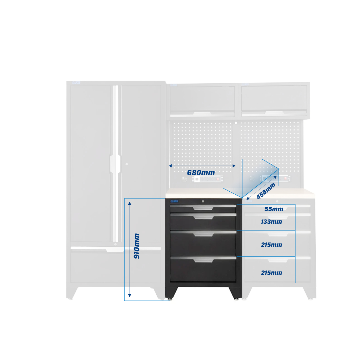 SGS 7pc Modular Garage Storage | 8 Drawers | Plywood Worktop | 2x Upper Cabinets | Tall Double Cabinet | Pegboards with Power Strip